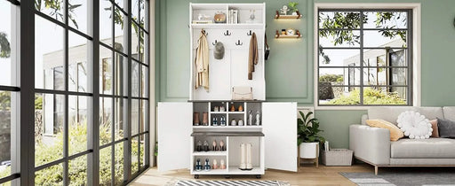 ON-TREND Farmhouse 4-in-1 Hall Tree with Barn Doors, Movable Bench with 7 Hanging Hooks and Shoe Storage Cabinet, 76.9'H Entryway Coat Rack with 6 Brake Wheels for Hallway, Living Room, White Default -DTYStore