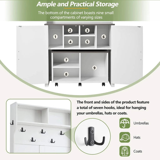 ON-TREND Farmhouse 4-in-1 Hall Tree with Barn Doors, Movable Bench with 7 Hanging Hooks and Shoe Storage Cabinet, 76.9'H Entryway Coat Rack with 6 Brake Wheels for Hallway, Living Room, White Default -DTYStore