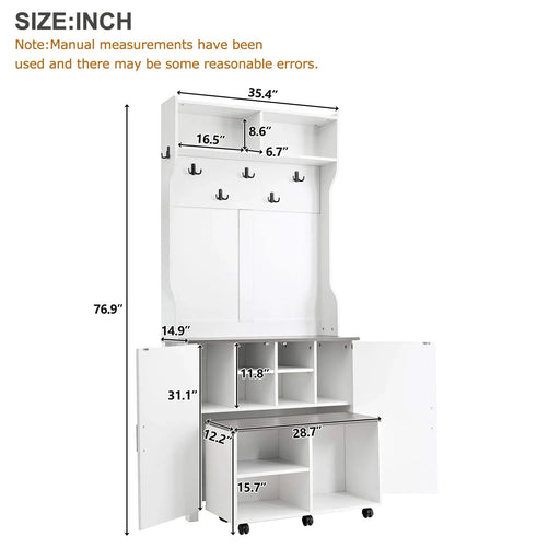 ON-TREND Farmhouse 4-in-1 Hall Tree with Barn Doors, Movable Bench with 7 Hanging Hooks and Shoe Storage Cabinet, 76.9'H Entryway Coat Rack with 6 Brake Wheels for Hallway, Living Room, White Default -DTYStore