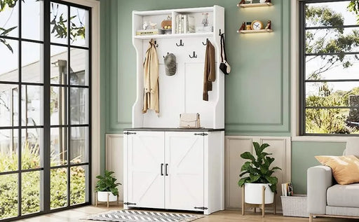 ON-TREND Farmhouse 4-in-1 Hall Tree with Barn Doors, Movable Bench with 7 Hanging Hooks and Shoe Storage Cabinet, 76.9'H Entryway Coat Rack with 6 Brake Wheels for Hallway, Living Room, White Default -DTYStore