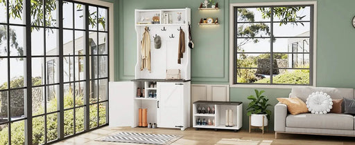 ON-TREND Farmhouse 4-in-1 Hall Tree with Barn Doors, Movable Bench with 7 Hanging Hooks and Shoe Storage Cabinet, 76.9'H Entryway Coat Rack with 6 Brake Wheels for Hallway, Living Room, White Default -DTYStore
