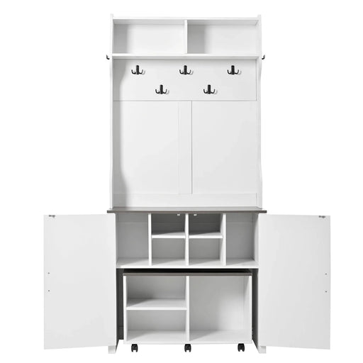 ON-TREND Farmhouse 4-in-1 Hall Tree with Barn Doors, Movable Bench with 7 Hanging Hooks and Shoe Storage Cabinet, 76.9'H Entryway Coat Rack with 6 Brake Wheels for Hallway, Living Room, White Default -DTYStore