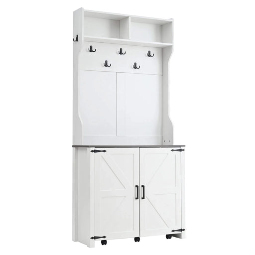 ON-TREND Farmhouse 4-in-1 Hall Tree with Barn Doors, Movable Bench with 7 Hanging Hooks and Shoe Storage Cabinet, 76.9'H Entryway Coat Rack with 6 Brake Wheels for Hallway, Living Room, White Default -DTYStore