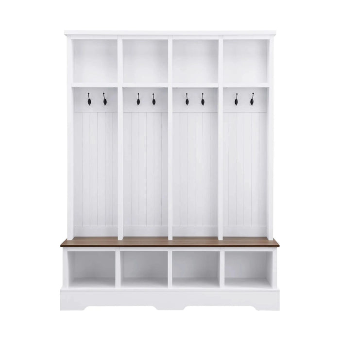ON-TREND Farmhouse 59'W Wide Hall Tree with 8 Hooks, Practical Entryway Bench with Open Compartments, 76.7'H Modern 3-in-1 Wooden Style Coat and Shoe Rack for Mudroom, Living Room, White Default -DTYStore