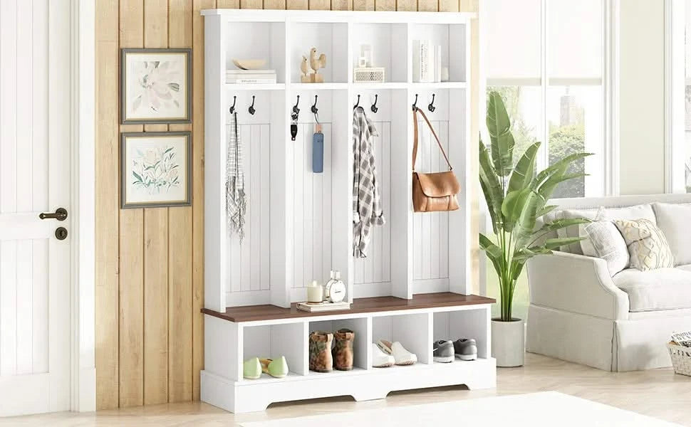 ON-TREND Farmhouse 59'W Wide Hall Tree with 8 Hooks, Practical Entryway Bench with Open Compartments, 76.7'H Modern 3-in-1 Wooden Style Coat and Shoe Rack for Mudroom, Living Room, White Default -DTYStore