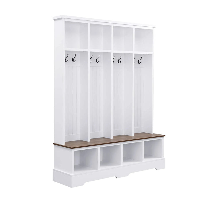 ON-TREND Farmhouse 59'W Wide Hall Tree with 8 Hooks, Practical Entryway Bench with Open Compartments, 76.7'H Modern 3-in-1 Wooden Style Coat and Shoe Rack for Mudroom, Living Room, White Default -DTYStore