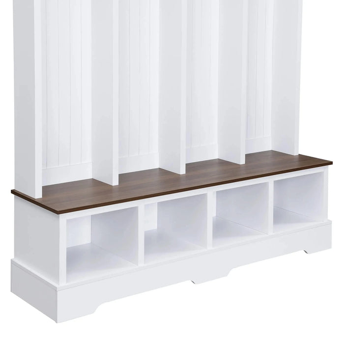 ON-TREND Farmhouse 59'W Wide Hall Tree with 8 Hooks, Practical Entryway Bench with Open Compartments, 76.7'H Modern 3-in-1 Wooden Style Coat and Shoe Rack for Mudroom, Living Room, White Default -DTYStore