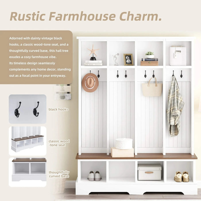 ON-TREND Farmhouse 59'W Wide Hall Tree with 8 Hooks, Practical Entryway Bench with Open Compartments, 76.7'H Modern 3-in-1 Wooden Style Coat and Shoe Rack for Mudroom, Living Room, White Default -DTYStore