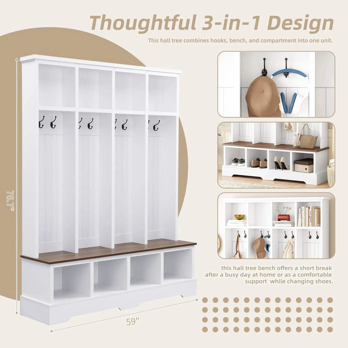 ON-TREND Farmhouse 59'W Wide Hall Tree with 8 Hooks, Practical Entryway Bench with Open Compartments, 76.7'H Modern 3-in-1 Wooden Style Coat and Shoe Rack for Mudroom, Living Room, White Default -DTYStore
