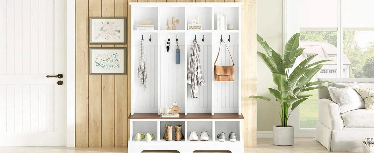 ON-TREND Farmhouse 59'W Wide Hall Tree with 8 Hooks, Practical Entryway Bench with Open Compartments, 76.7'H Modern 3-in-1 Wooden Style Coat and Shoe Rack for Mudroom, Living Room, White Default -DTYStore