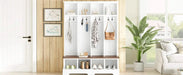 ON-TREND Farmhouse 59'W Wide Hall Tree with 8 Hooks, Practical Entryway Bench with Open Compartments, 76.7'H Modern 3-in-1 Wooden Style Coat and Shoe Rack for Mudroom, Living Room, White Default -DTYStore