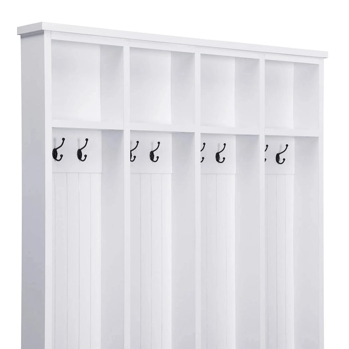 ON-TREND Farmhouse 59'W Wide Hall Tree with 8 Hooks, Practical Entryway Bench with Open Compartments, 76.7'H Modern 3-in-1 Wooden Style Coat and Shoe Rack for Mudroom, Living Room, White Default -DTYStore