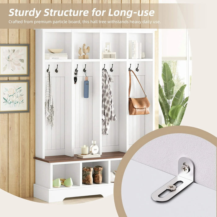 ON-TREND Farmhouse 59'W Wide Hall Tree with 8 Hooks, Practical Entryway Bench with Open Compartments, 76.7'H Modern 3-in-1 Wooden Style Coat and Shoe Rack for Mudroom, Living Room, White Default -DTYStore