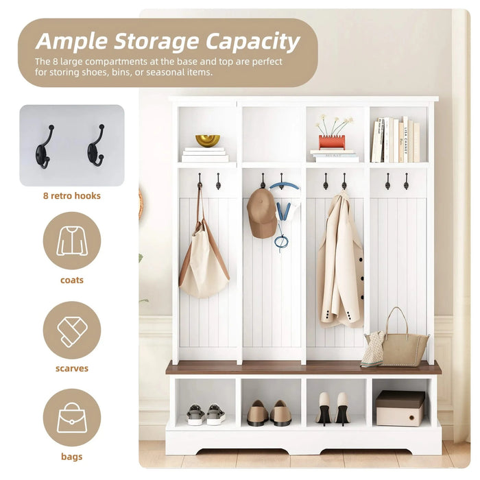 ON-TREND Farmhouse 59'W Wide Hall Tree with 8 Hooks, Practical Entryway Bench with Open Compartments, 76.7'H Modern 3-in-1 Wooden Style Coat and Shoe Rack for Mudroom, Living Room, White Default -DTYStore