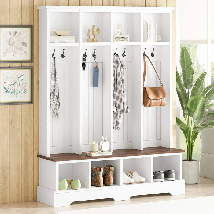 ON-TREND Farmhouse 59'W Wide Hall Tree with 8 Hooks, Practical Entryway Bench with Open Compartments, 76.7'H Modern 3-in-1 Wooden Style Coat and Shoe Rack for Mudroom, Living Room, White Default -DTYStore