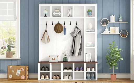 ON-TREND Farmhouse Wooden Style Hall Tree with 6 Hooks, Practical Walnut Storage Bench with Adjustable Shelves, 4-in-1 Entryway Shoe Cabinet with 13 Cubbies for Mudroom, Living Room, White, 76.7'H Default -DTYStore