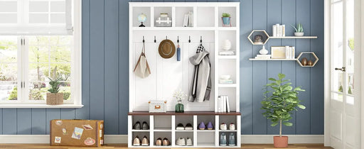 ON-TREND Farmhouse Wooden Style Hall Tree with 6 Hooks, Practical Walnut Storage Bench with Adjustable Shelves, 4-in-1 Entryway Shoe Cabinet with 13 Cubbies for Mudroom, Living Room, White, 76.7'H Default -DTYStore