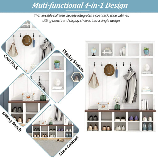 ON-TREND Farmhouse Wooden Style Hall Tree with 6 Hooks, Practical Walnut Storage Bench with Adjustable Shelves, 4-in-1 Entryway Shoe Cabinet with 13 Cubbies for Mudroom, Living Room, White, 76.7'H Default -DTYStore