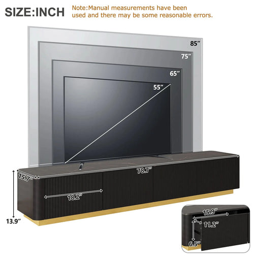 ON-TREND Luxury Fluted TV Stand for TVs Up to 85', Faux Marble Tabletop Media Console with 4 Drawers, Curved Profile Design, Modern Entertainment Center with Gold Base for Living Room, Black - DTY Store