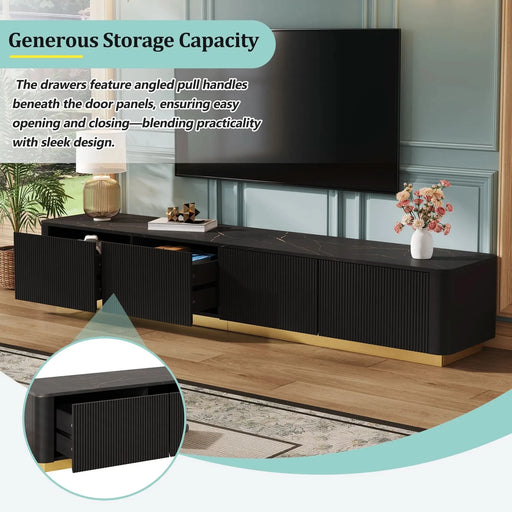 ON-TREND Luxury Fluted TV Stand for TVs Up to 85', Faux Marble Tabletop Media Console with 4 Drawers, Curved Profile Design, Modern Entertainment Center with Gold Base for Living Room, Black- DTY Store
