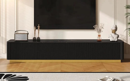 ON-TREND Luxury Fluted TV Stand for TVs Up to 85', Faux Marble Tabletop Media Console with 4 Drawers, Curved Profile Design, Modern Entertainment Center with Gold Base for Living Room, Black - DTY Store