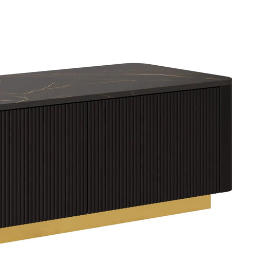 ON-TREND Luxury Fluted TV Stand for TVs Up to 85', Faux Marble Tabletop Media Console with 4 Drawers, Curved Profile Design, Modern Entertainment Center with Gold Base for Living Room, Black Default -DTYStore