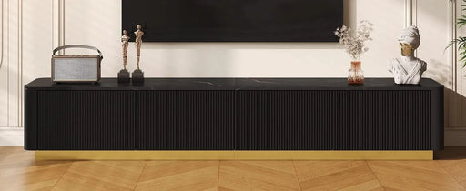 ON-TREND Luxury Fluted TV Stand for TVs Up to 85', Faux Marble Tabletop Media Console with 4 Drawers, Curved Profile Design, Modern Entertainment Center with Gold Base for Living Room, Black Default -DTYStore