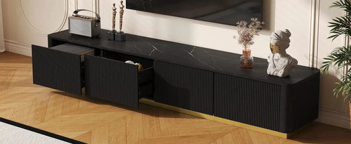 ON-TREND Luxury Fluted TV Stand for TVs Up to 85', Faux Marble Tabletop Media Console with 4 Drawers, Curved Profile Design, Modern Entertainment Center with Gold Base for Living Room, Black - DTY Store
