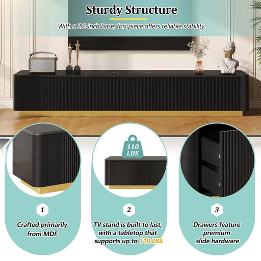 ON-TREND Luxury Fluted TV Stand for TVs Up to 85', Faux Marble Tabletop Media Console with 4 Drawers, Curved Profile Design, Modern Entertainment Center with Gold Base for Living Room, Black - DTY Store