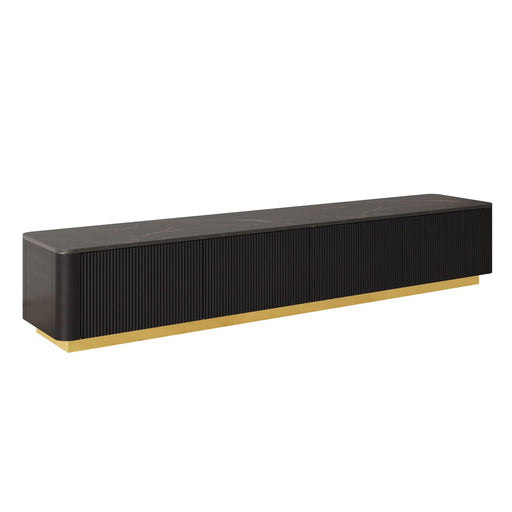 ON-TREND Luxury Fluted TV Stand for TVs Up to 85', Faux Marble Tabletop Media Console with 4 Drawers, Curved Profile Design, Modern Entertainment Center with Gold Base for Living Room, Black - DTY Store