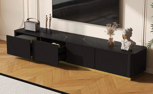 ON-TREND Luxury Fluted TV Stand for TVs Up to 85', Faux Marble Tabletop Media Console with 4 Drawers, Curved Profile Design, Modern Entertainment Center with Gold Base for Living Room, Black Default -DTYStore