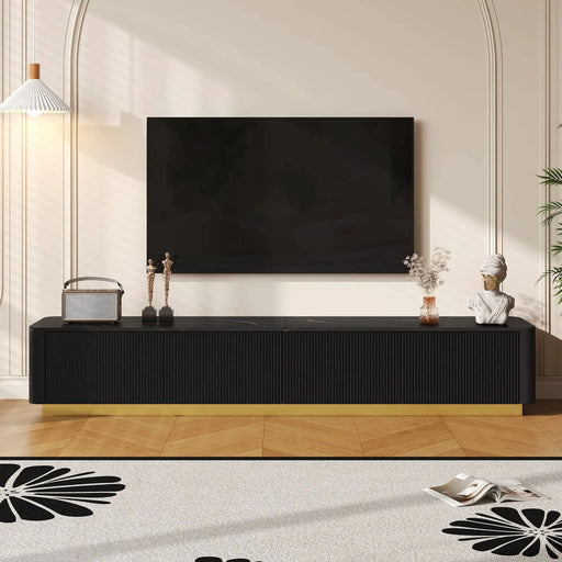 ON-TREND Luxury Fluted TV Stand for TVs Up to 85', Faux Marble Tabletop Media Console with 4 Drawers, Curved Profile Design, Modern Entertainment Center with Gold Base for Living Room, Black - DTY Store