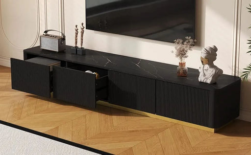 ON-TREND Luxury Fluted TV Stand for TVs Up to 85', Faux Marble Tabletop Media Console with 4 Drawers, Curved Profile Design, Modern Entertainment Center with Gold Base for Living Room, Black- DTY Store