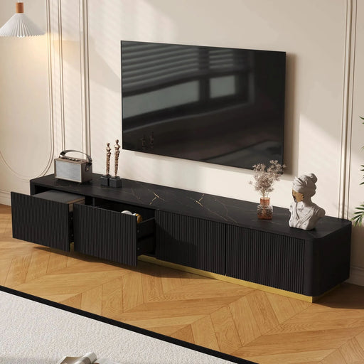 ON-TREND Luxury Fluted TV Stand for TVs Up to 85', Faux Marble Tabletop Media Console with 4 Drawers, Curved Profile Design, Modern Entertainment Center with Gold Base for Living Room, Black - DTY Store