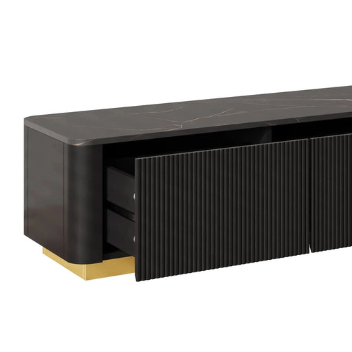 ON-TREND Luxury Fluted TV Stand for TVs Up to 85', Faux Marble Tabletop Media Console with 4 Drawers, Curved Profile Design, Modern Entertainment Center with Gold Base for Living Room, Black - DTY Store
