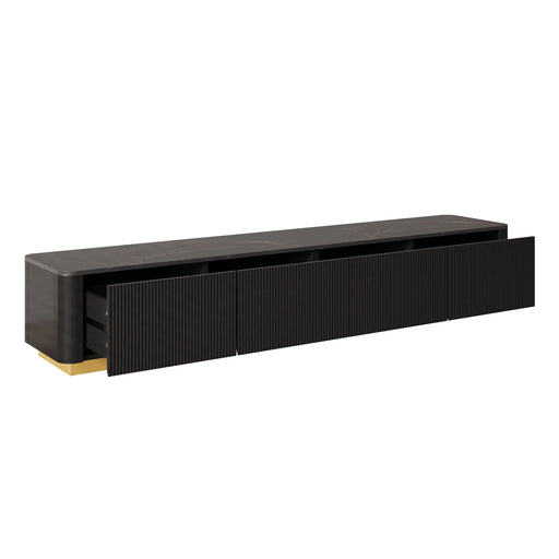 ON-TREND Luxury Fluted TV Stand for TVs Up to 85', Faux Marble Tabletop Media Console with 4 Drawers, Curved Profile Design, Modern Entertainment Center with Gold Base for Living Room, Black - DTY Store