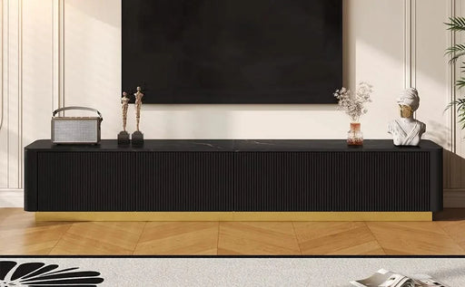 ON-TREND Luxury Fluted TV Stand for TVs Up to 85', Faux Marble Tabletop Media Console with 4 Drawers, Curved Profile Design, Modern Entertainment Center with Gold Base for Living Room, Black Default -DTYStore