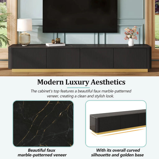 ON-TREND Luxury Fluted TV Stand for TVs Up to 85', Faux Marble Tabletop Media Console with 4 Drawers, Curved Profile Design, Modern Entertainment Center with Gold Base for Living Room, Black - DTY Store