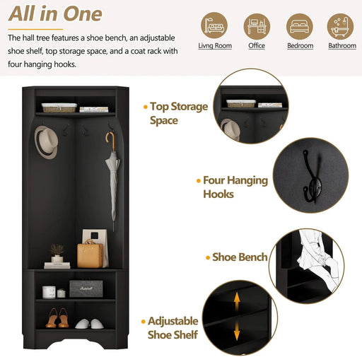 ON-TREND Minimalist Corner Hall Tree with Shoe Bench, Versatile Entryway Coat Rack with 4 Hooks, Corner Cabinet with Adjustable Shelf for Hallway, Living Room, Black, 29.5''W*71.6''H Default -DTYStore