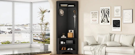 ON-TREND Minimalist Corner Hall Tree with Shoe Bench, Versatile Entryway Coat Rack with 4 Hooks, Corner Cabinet with Adjustable Shelf for Hallway, Living Room, Black, 29.5''W*71.6''H Default -DTYStore