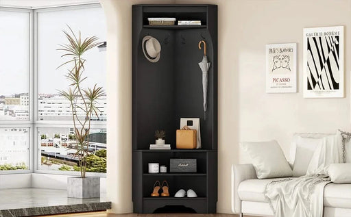 ON-TREND Minimalist Corner Hall Tree with Shoe Bench, Versatile Entryway Coat Rack with 4 Hooks, Corner Cabinet with Adjustable Shelf for Hallway, Living Room, Black, 29.5''W*71.6''H Default -DTYStore
