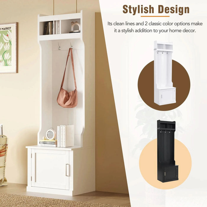 ON-TREND Minimalist Slim Hall Tree with Cabinet & 6 Hanging Hooks, Multi-functional Storage Bench with Coat Rack, Elegant Foyer Cabinet for Hallway, Living room, White (OLD SKU: WF313577AAK) Default -DTYStore