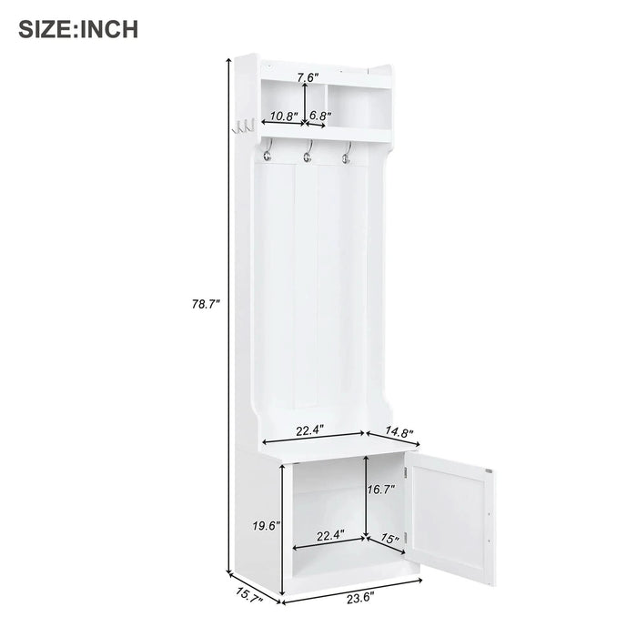 ON-TREND Minimalist Slim Hall Tree with Cabinet & 6 Hanging Hooks, Multi-functional Storage Bench with Coat Rack, Elegant Foyer Cabinet for Hallway, Living room, White (OLD SKU: WF313577AAK) Default -DTYStore