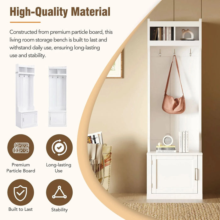 ON-TREND Minimalist Slim Hall Tree with Cabinet & 6 Hanging Hooks, Multi-functional Storage Bench with Coat Rack, Elegant Foyer Cabinet for Hallway, Living room, White (OLD SKU: WF313577AAK) Default -DTYStore