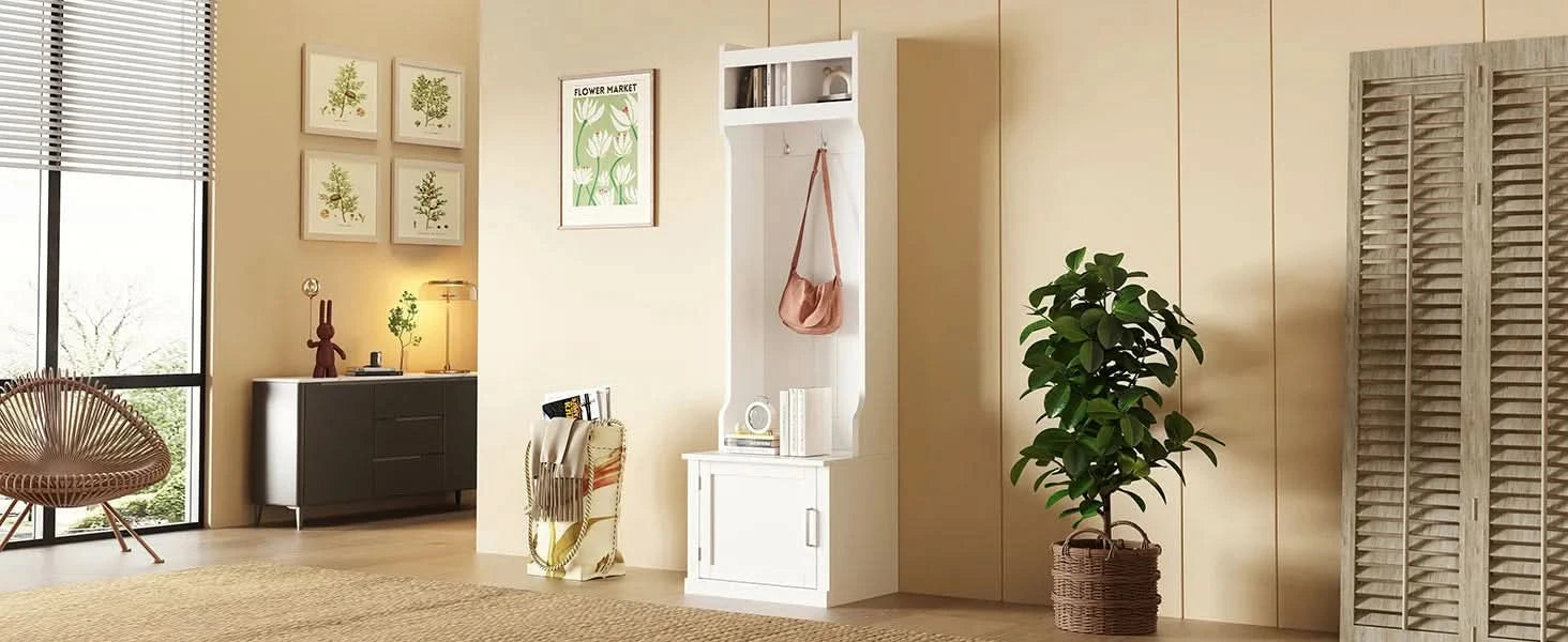 ON-TREND Minimalist Slim Hall Tree with Cabinet & 6 Hanging Hooks, Multi-functional Storage Bench with Coat Rack, Elegant Foyer Cabinet for Hallway, Living room, White (OLD SKU: WF313577AAK) Default -DTYStore