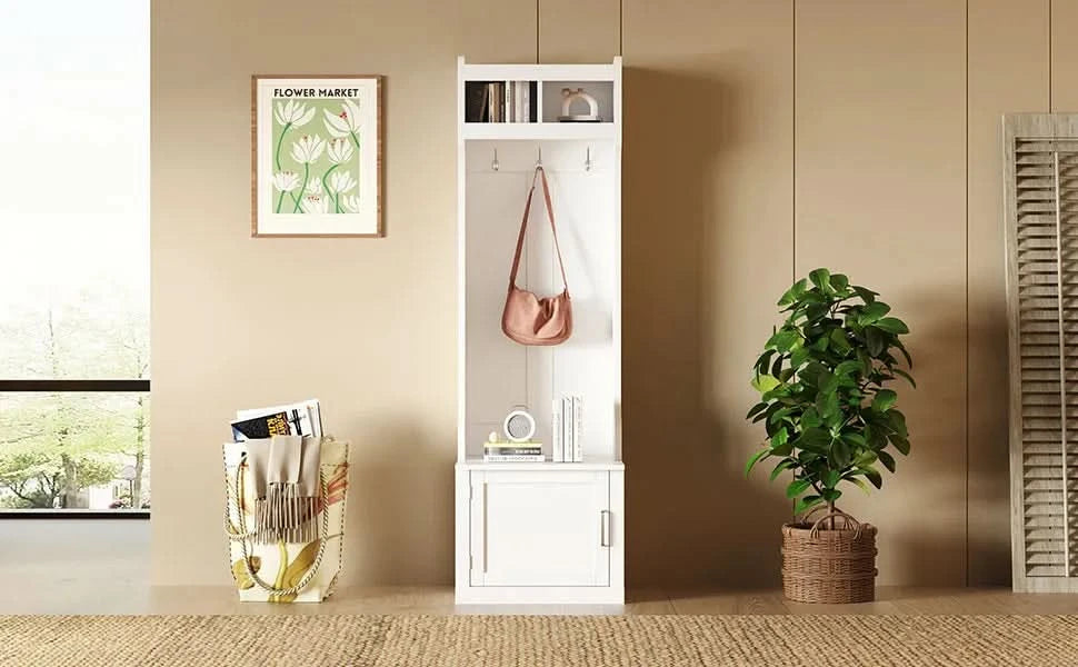ON-TREND Minimalist Slim Hall Tree with Cabinet & 6 Hanging Hooks, Multi-functional Storage Bench with Coat Rack, Elegant Foyer Cabinet for Hallway, Living room, White (OLD SKU: WF313577AAK) Default -DTYStore