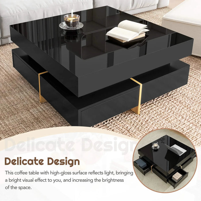 ON-TREND Modern High Gloss Coffee Table with 4 Drawers, Multi-Storage Square Cocktail Tea Table with Wood Grain Legs, Center Table for Living Room, 31.5''x31.5'', Black Default -DTYStore