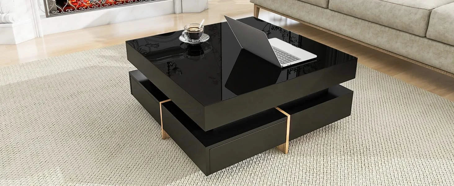 ON-TREND Modern High Gloss Coffee Table with 4 Drawers, Multi-Storage Square Cocktail Tea Table with Wood Grain Legs, Center Table for Living Room, 31.5''x31.5'', Black Default -DTYStore