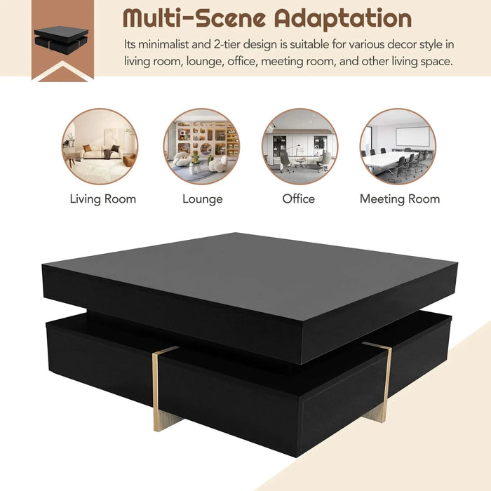 ON-TREND Modern High Gloss Coffee Table with 4 Drawers, Multi-Storage Square Cocktail Tea Table with Wood Grain Legs, Center Table for Living Room, 31.5''x31.5'', Black Default -DTYStore