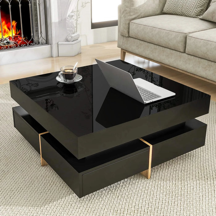 ON-TREND Modern High Gloss Coffee Table with 4 Drawers, Multi-Storage Square Cocktail Tea Table with Wood Grain Legs, Center Table for Living Room, 31.5''x31.5'', Black Default -DTYStore
